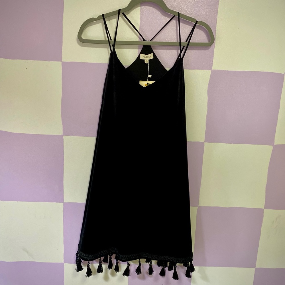 Black Velvet Shift Dress with Tassles